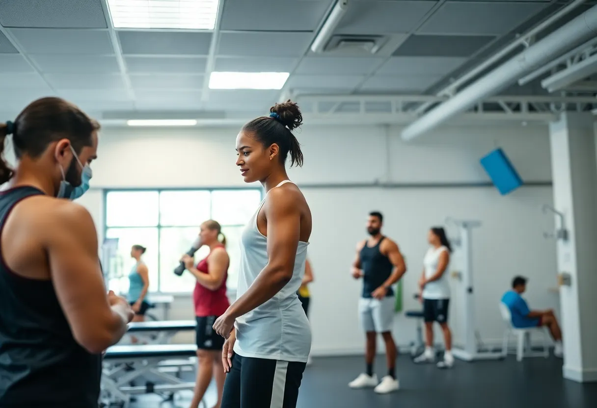 Athletes receiving treatment at a sports medicine facility
