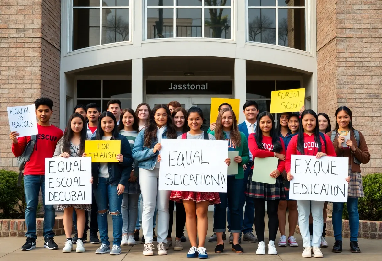 Students holding signs for equal education rights