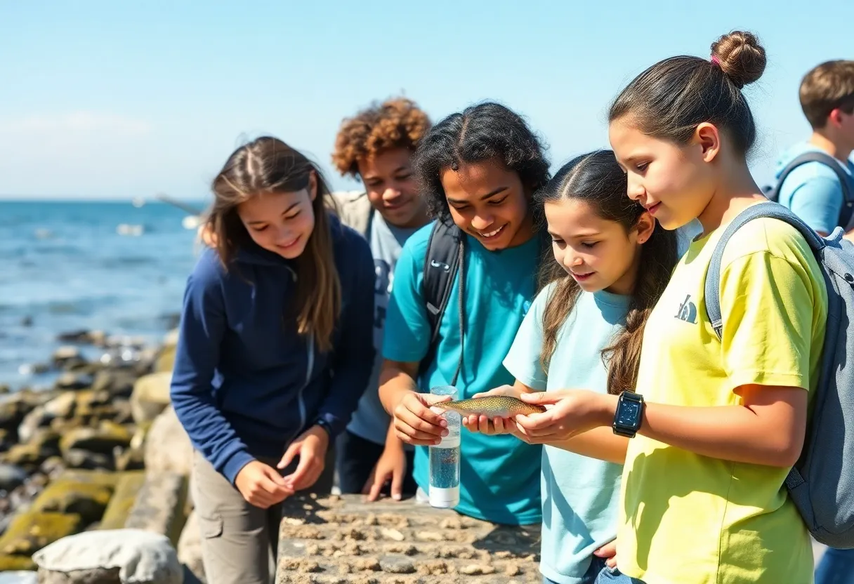 Students conducting marine research by the coast