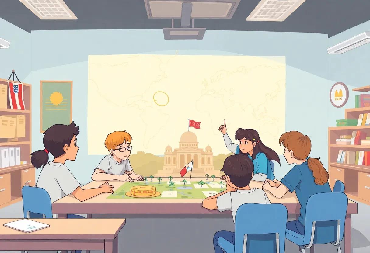 Students interacting with a history-based online game on civics education