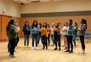 Students rehearsing for Suffs musical at a high school theater