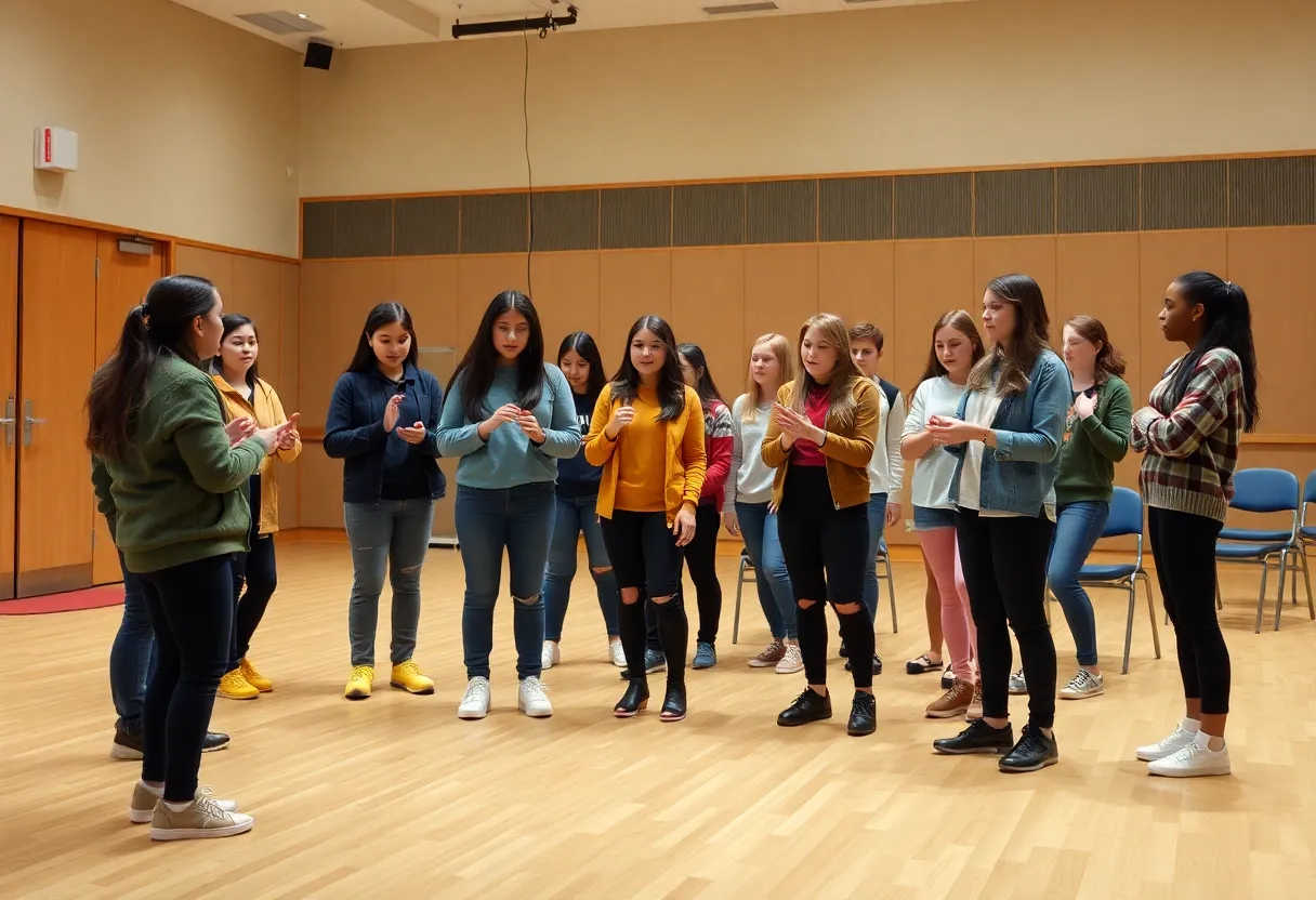 Students rehearsing for Suffs musical at a high school theater