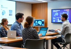 Teachers learning about artificial intelligence in a classroom environment.