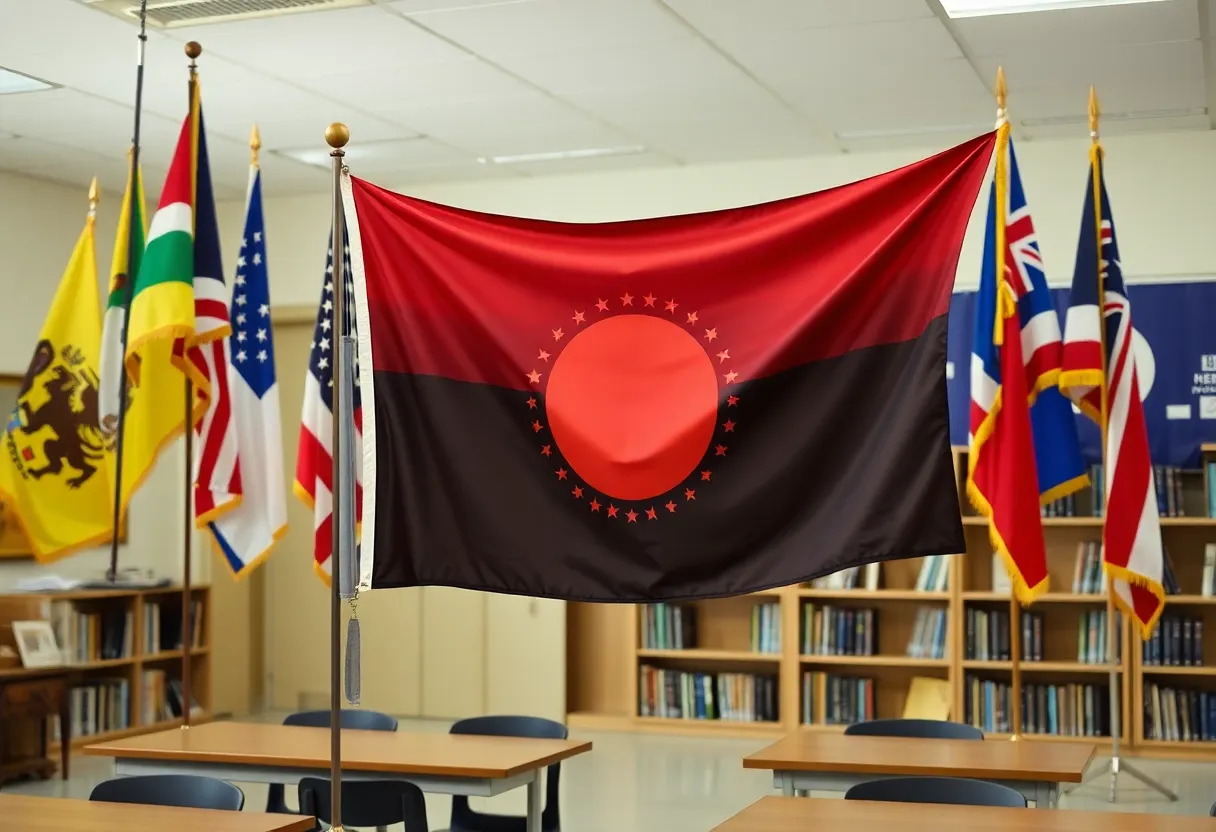 An educational display of historical flags emphasizing Texas educational policies.