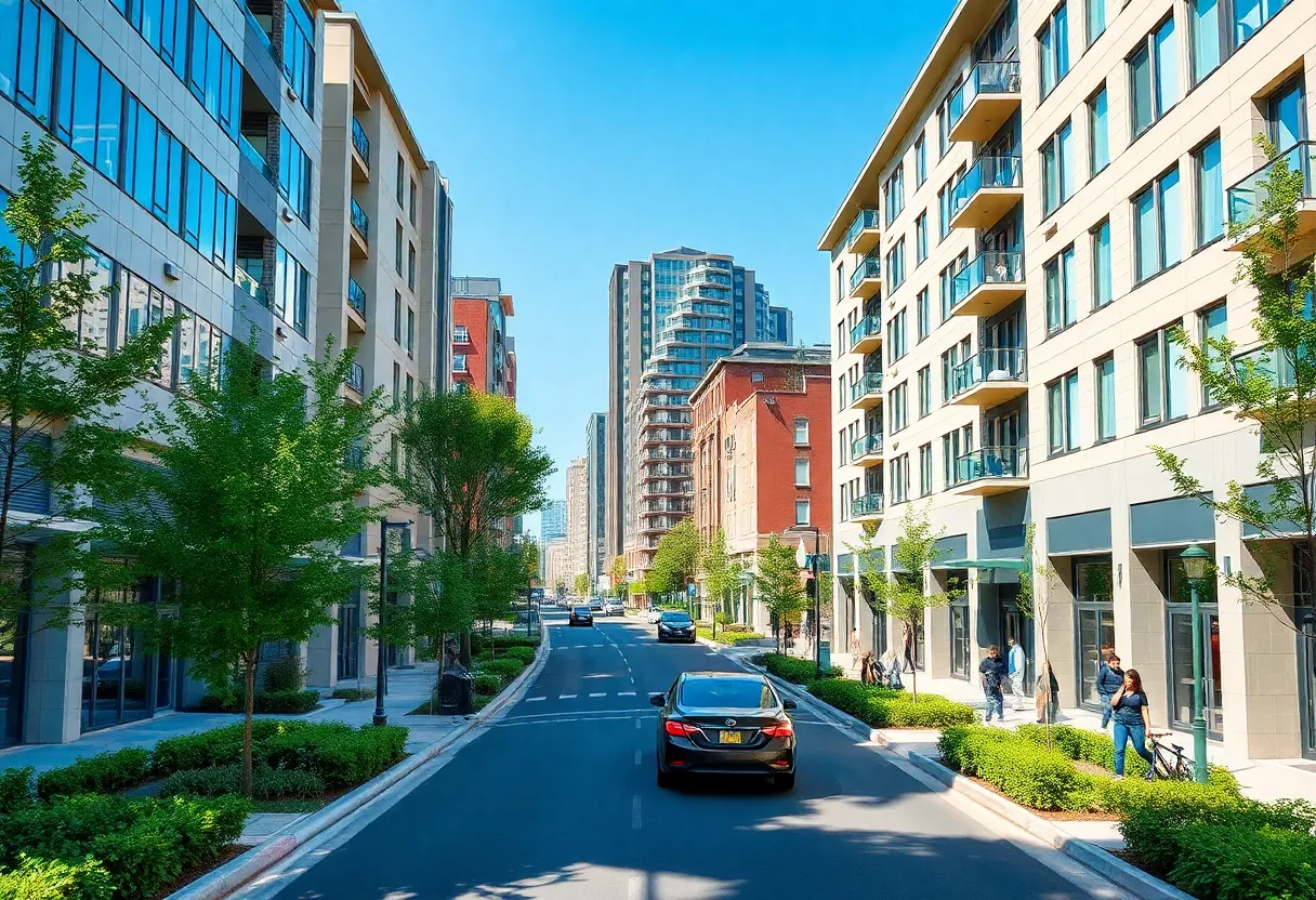 Modern urban development showcasing buildings with minimal parking areas