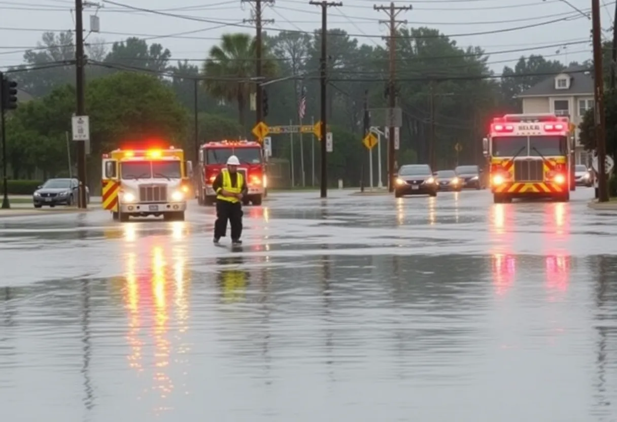 Emergency workers managing flooding in Virginia Beach after heavy rainfall.