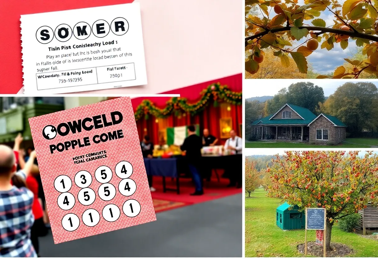 Vibrant scene of Virginia business news highlights including a Powerball ticket, Irish festival, and apple orchard.