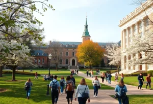 Vibrant college campus in Virginia with students and historic buildings