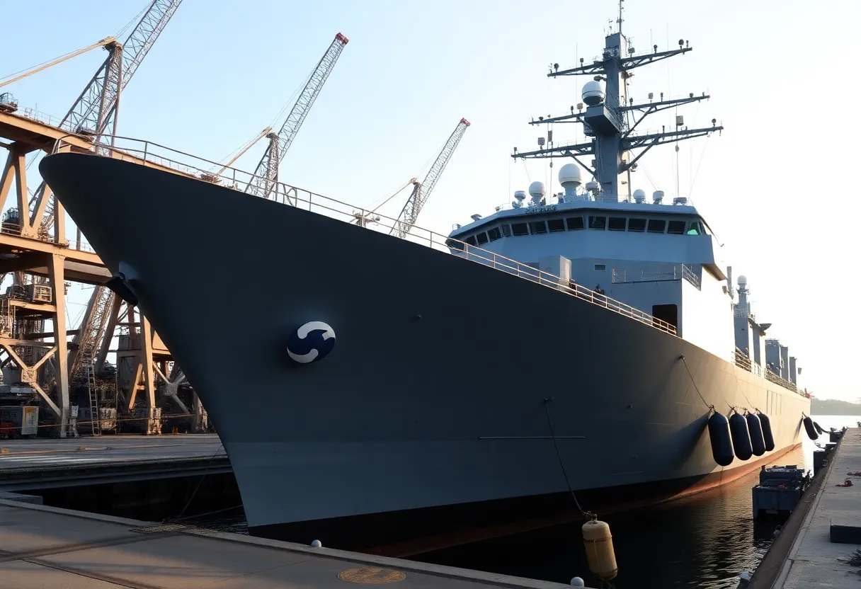 Military ship at naval base illustrating modernization projects