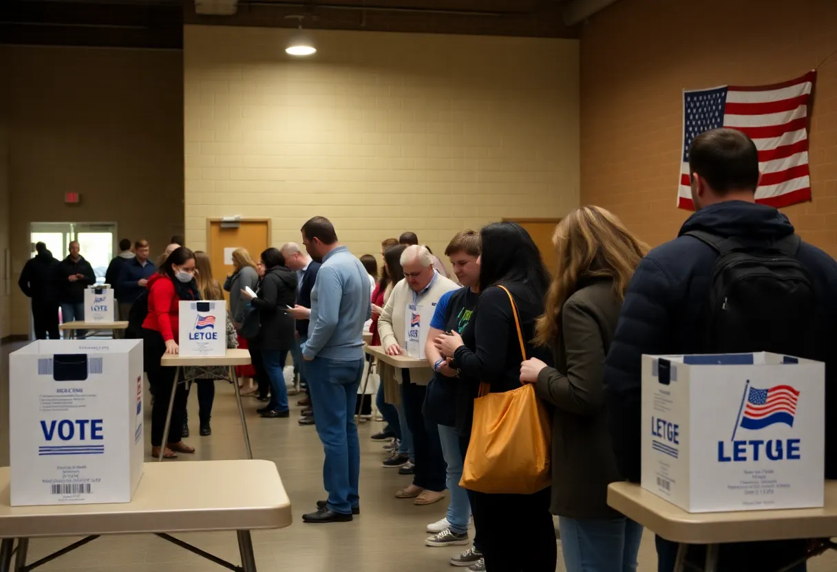 Polling place in Virginia with voters registering and casting ballots