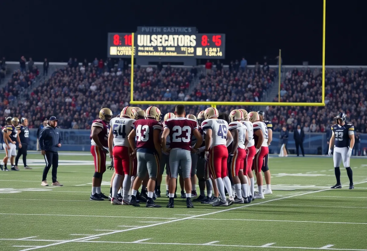 Virginia Tech football team huddle on the field during a game