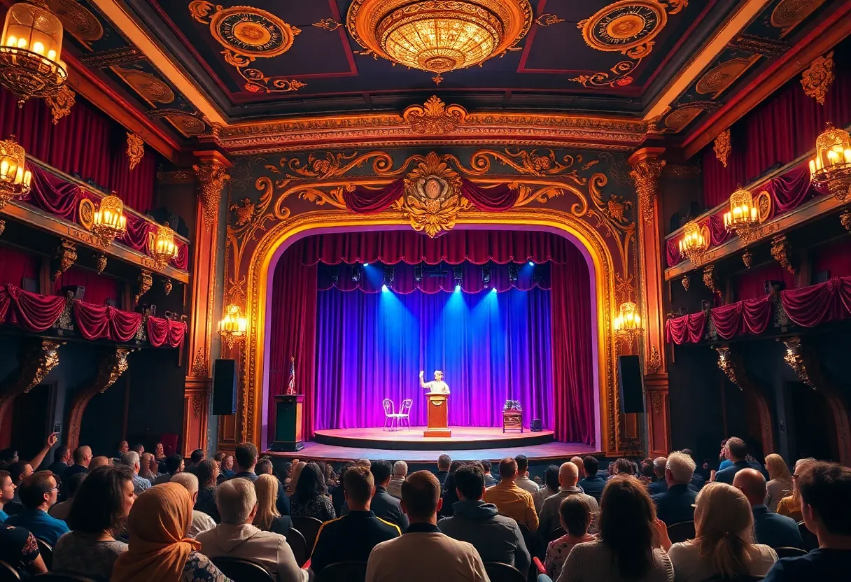 Interior of the new Wagsters Magic Theatre with a stage set for a magic show.