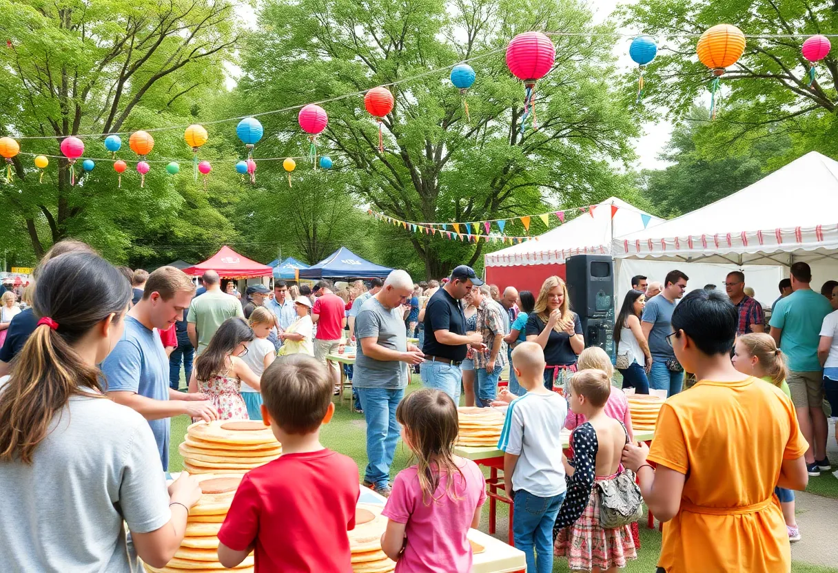 Family enjoying pancakes at the Williamsburg Pancake Festival