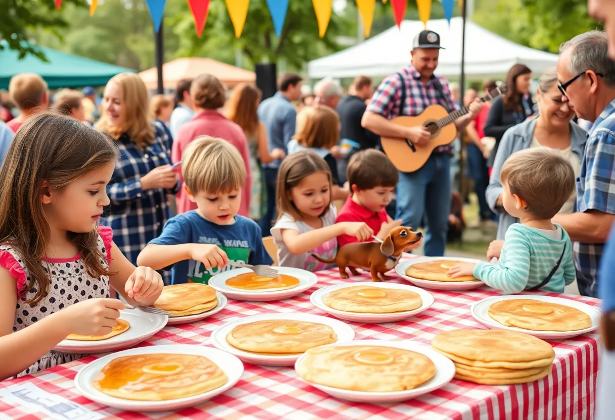 Families enjoying pancakes and activities at the Williamsburg Pancake Festival
