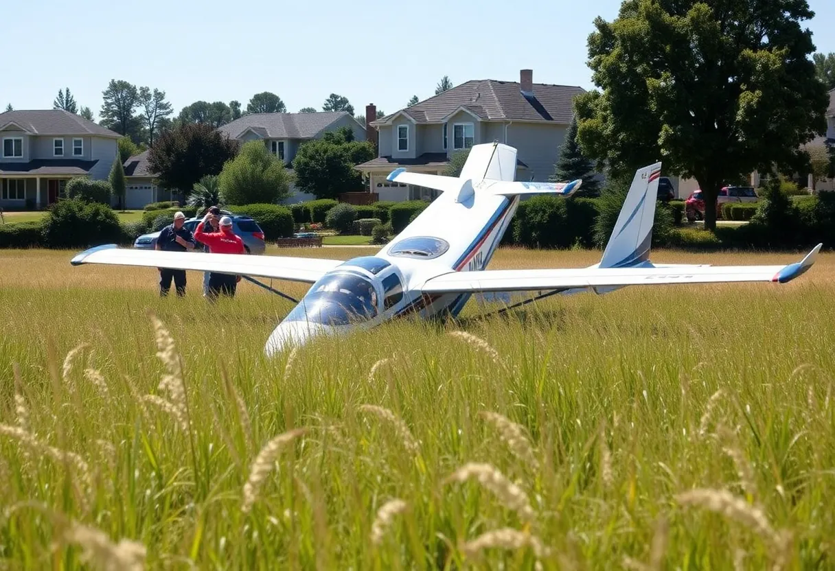 Overturned single-engine plane in grass post-crash