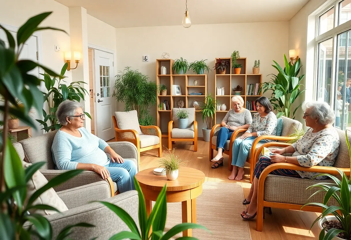Women's rehabilitation center interior with women participating in therapy