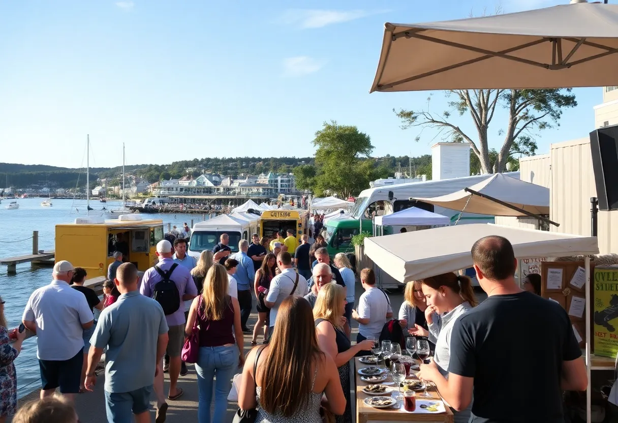 Crowd enjoying the Yorktown Wine & Oyster Festival by the waterfront with various food and wine tents.