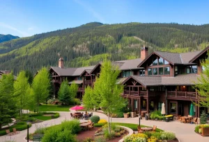Scenic view of Aspen Meadows Resort with mountains in the background
