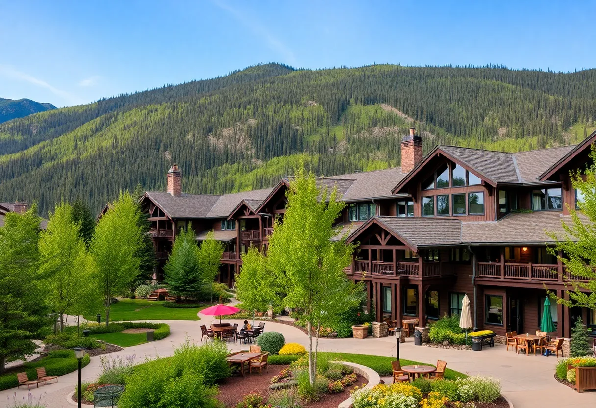 Scenic view of Aspen Meadows Resort with mountains in the background