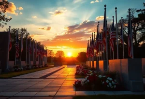 A tranquil military memorial site with flowers and flags.