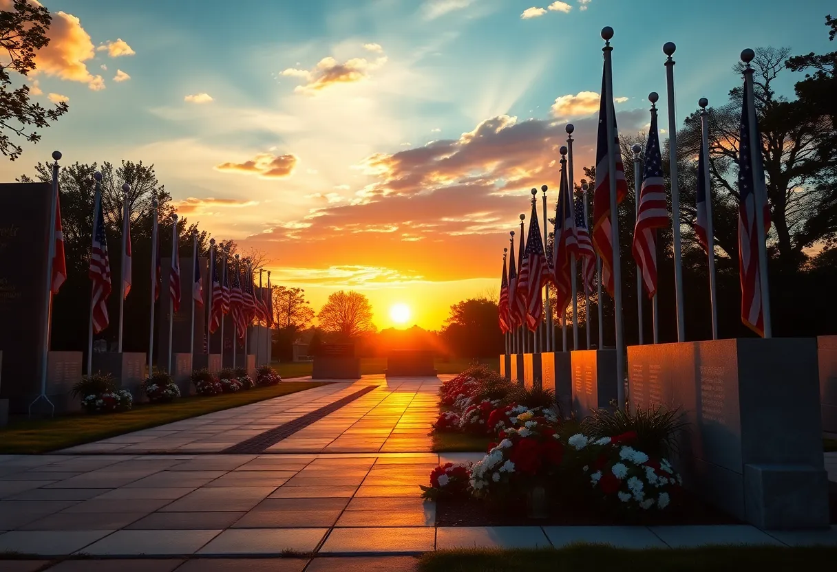 A tranquil military memorial site with flowers and flags.