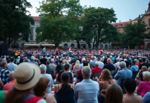 Outdoor concert scene in Colonial Williamsburg featuring attendees enjoying live music.