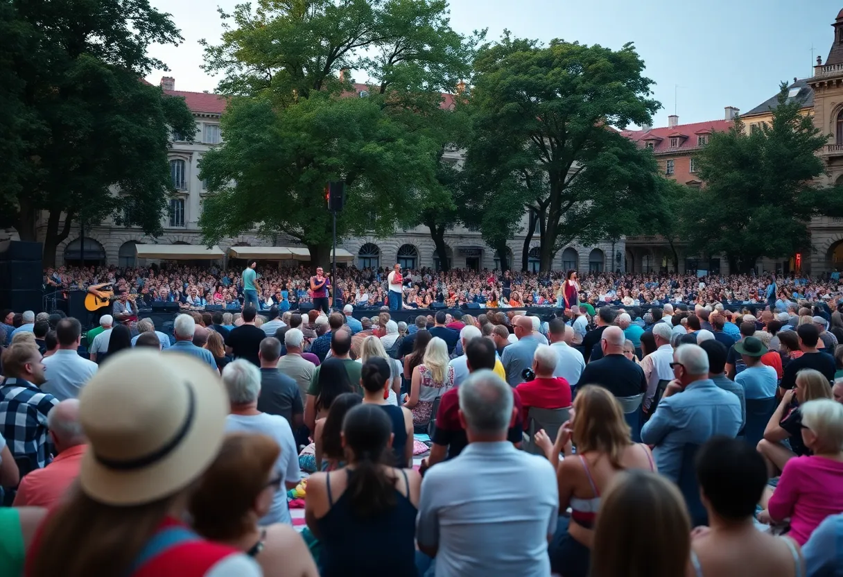 Outdoor concert scene in Colonial Williamsburg featuring attendees enjoying live music.