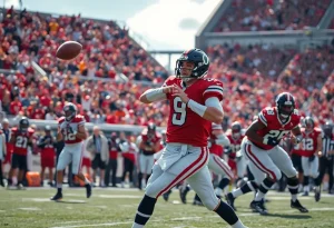 Quarterback making a throw during a football game.