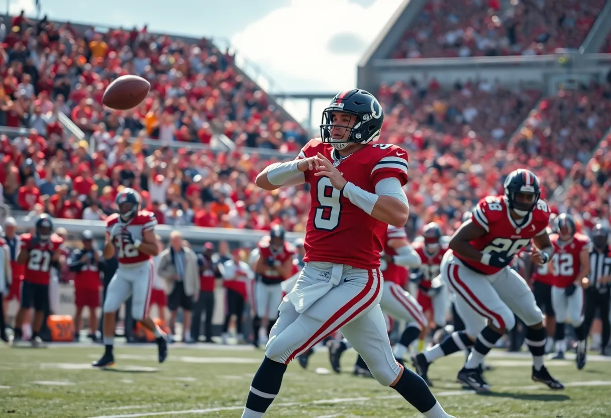 Quarterback making a throw during a football game.