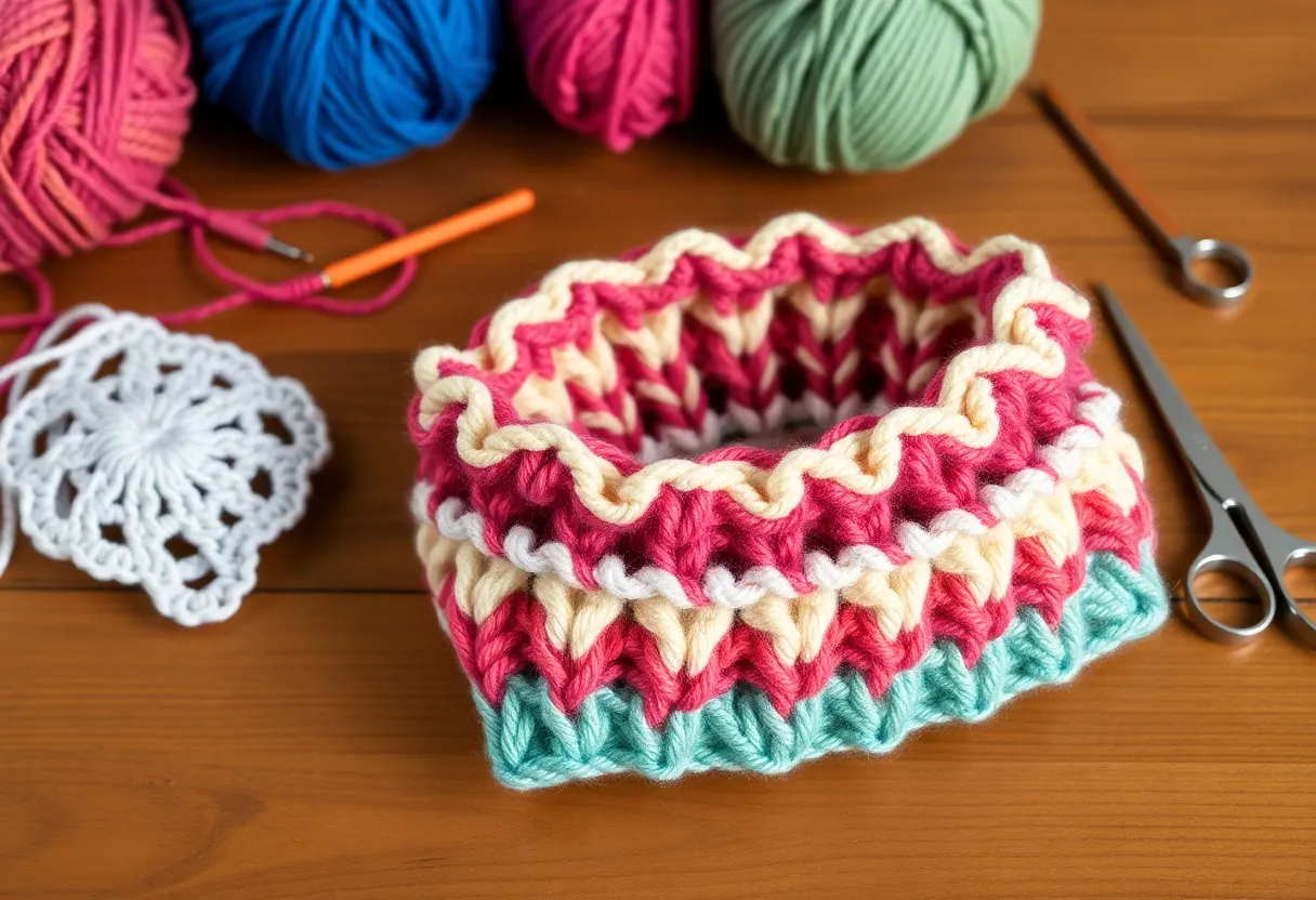 Colorful crochet ear warmer and tools
