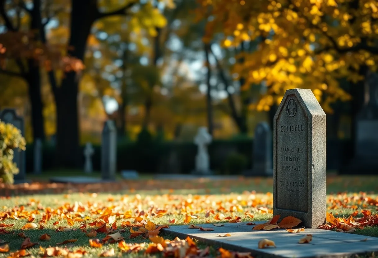 Gravestone in a serene cemetery reflecting autumn colors