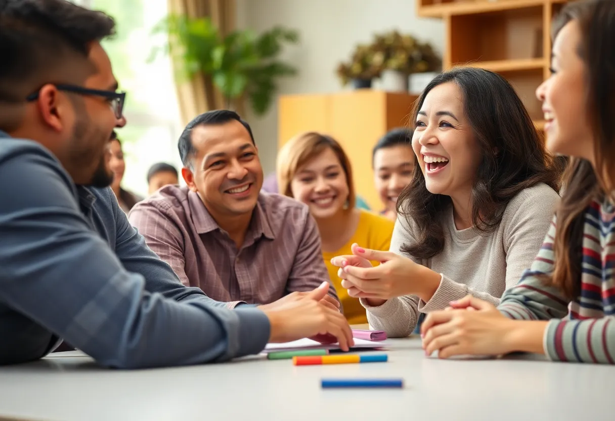 A vibrant family gathering in a warm setting, illustrating community spirit and education.