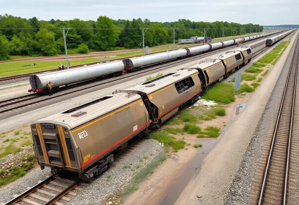 Emergency crews working on the scene of a freight train derailment in New Kent County, Virginia.