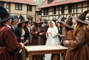 Actors reenacting the Grace Sherwood witch trial in a historic setting