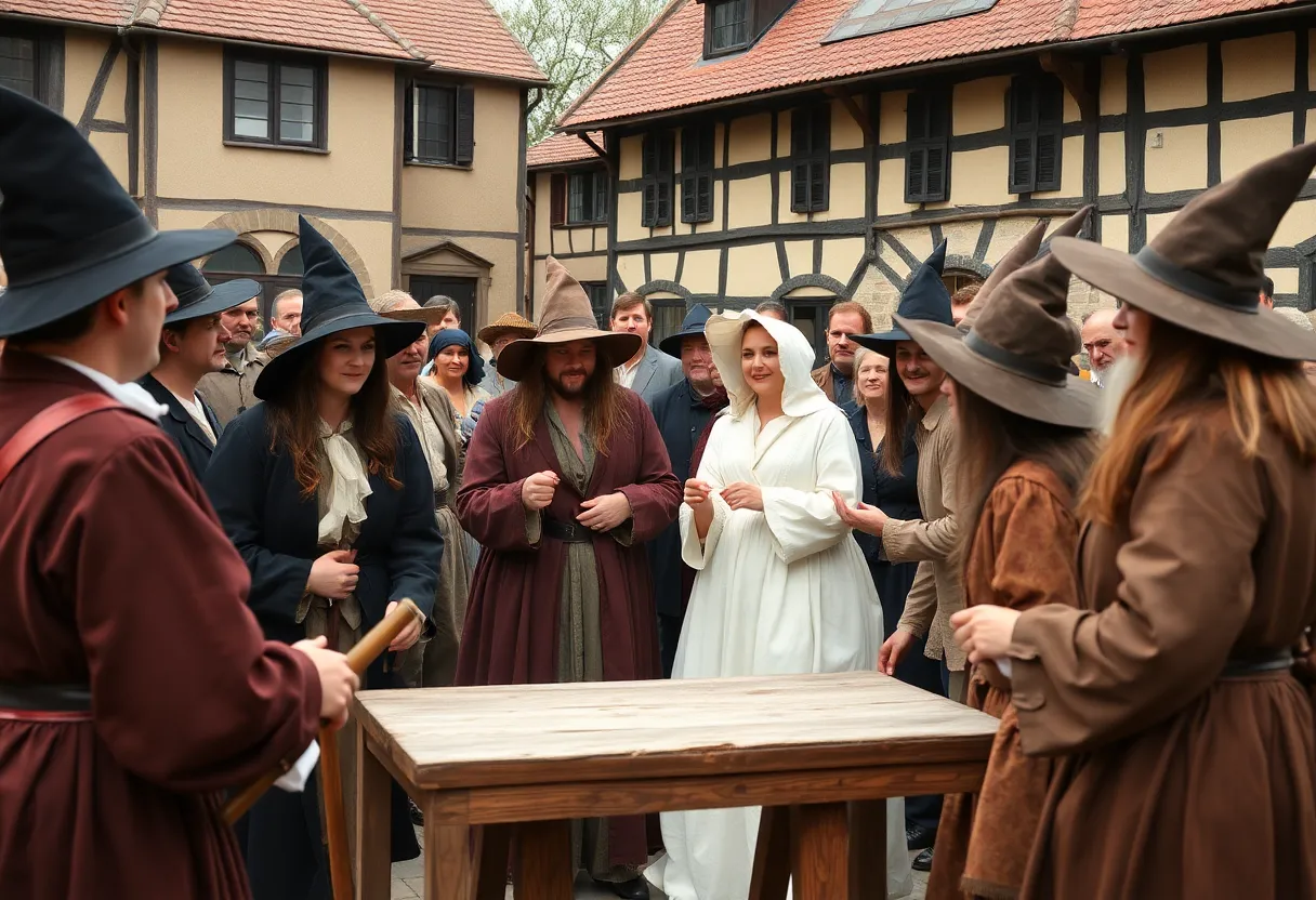 Actors reenacting the Grace Sherwood witch trial in a historic setting