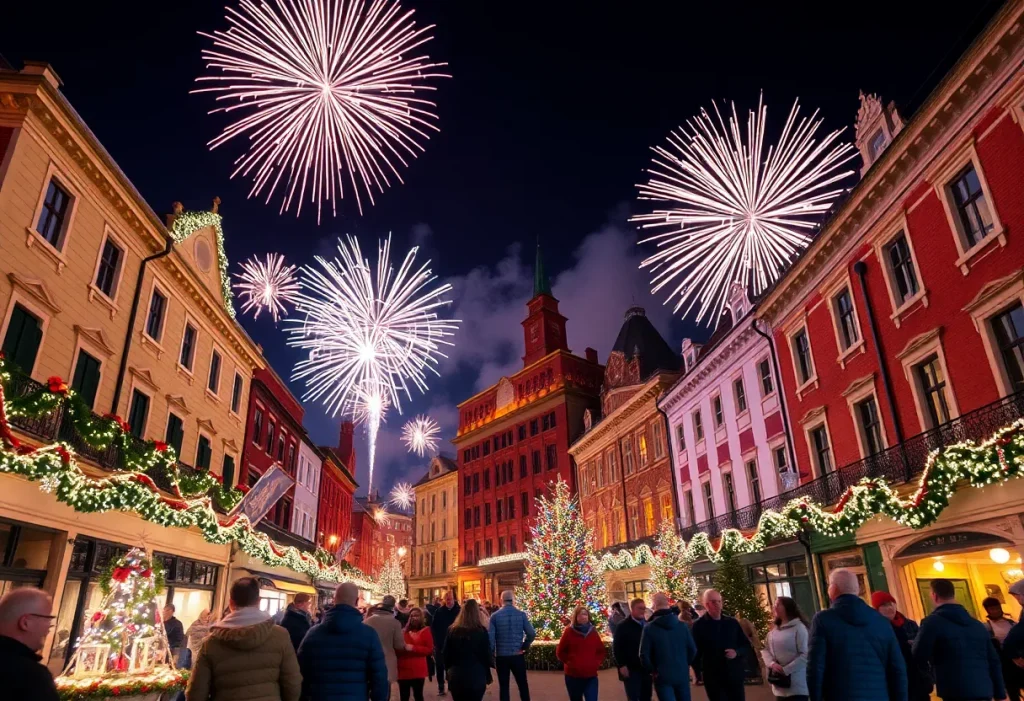 Fireworks display at the Grand Illumination in Williamsburg with historical buildings in the foreground.