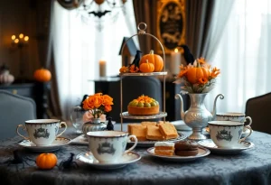 Halloween-themed afternoon tea setup with festive treats and drinks