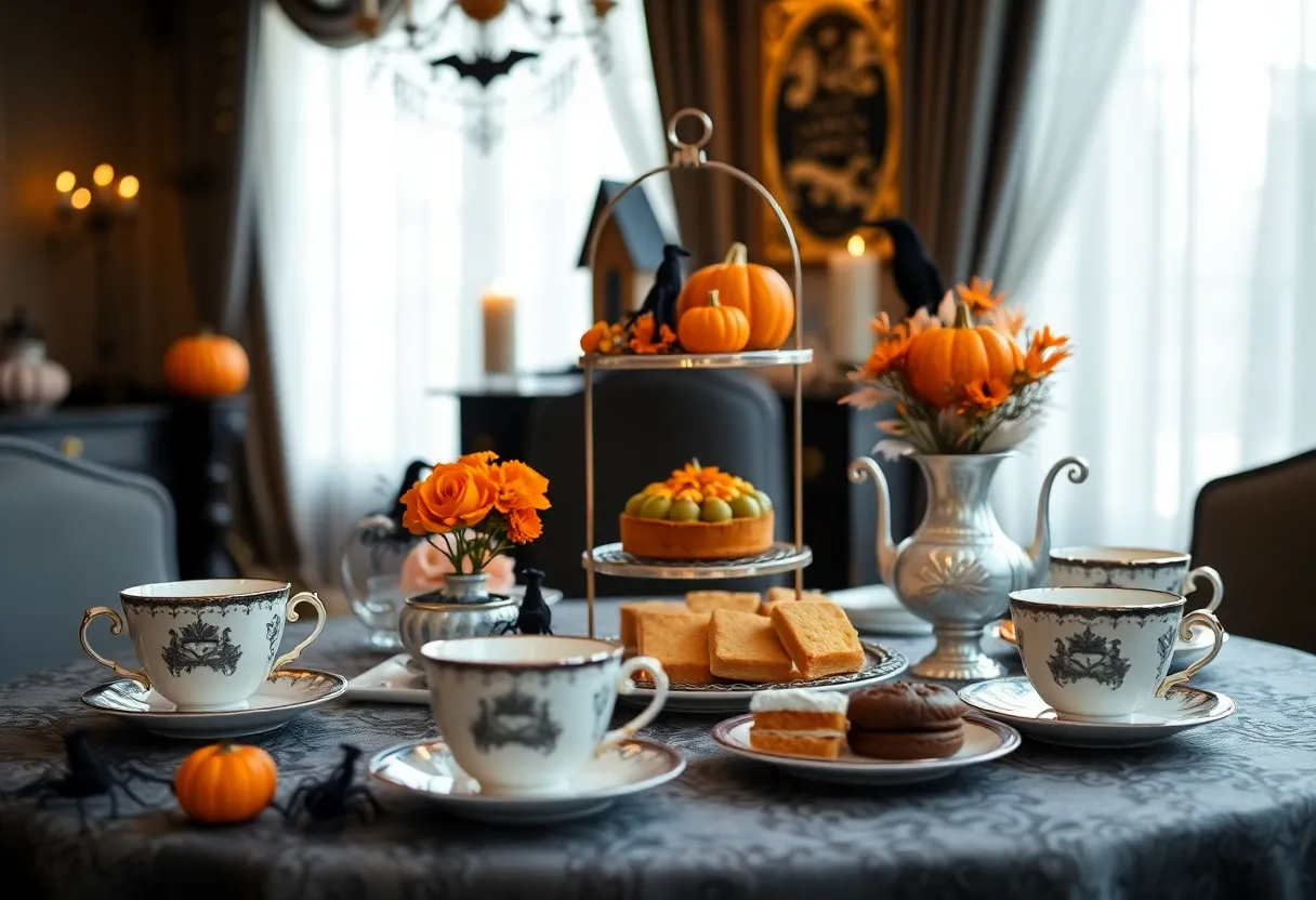 Halloween-themed afternoon tea setup with festive treats and drinks