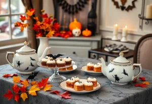 Decorated table for Halloween afternoon tea with themed treats