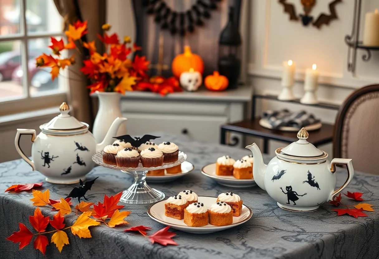 Decorated table for Halloween afternoon tea with themed treats