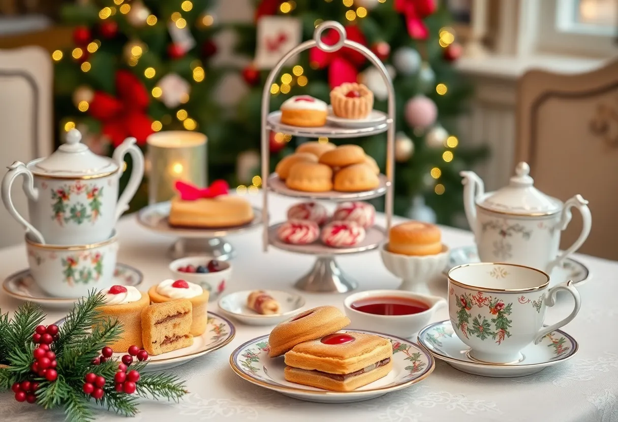 Elegant table setting for Holiday Afternoon Tea with festive decorations and seasonal treats