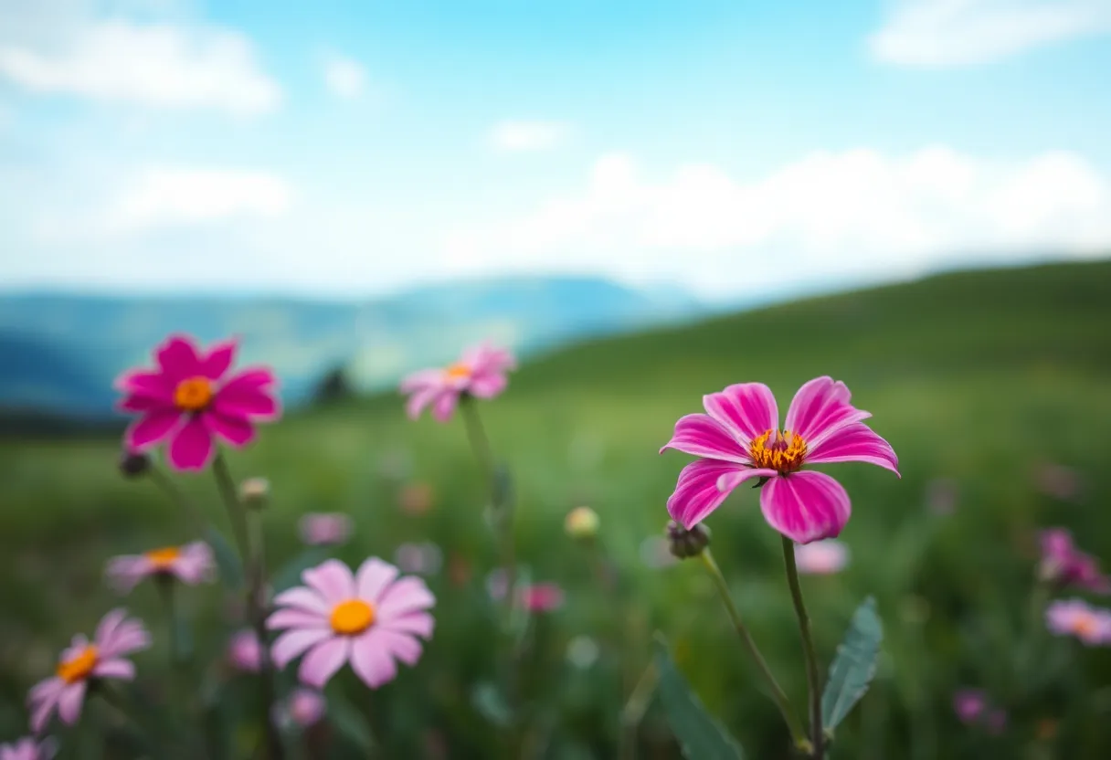 A serene landscape with blooming flowers representing hope and resilience.