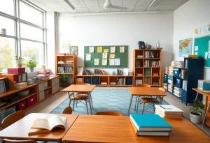 A classroom filled with books and educational tools symbolizing dedication to education.