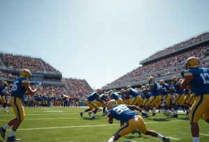 James Madison University football players on the field during a game.