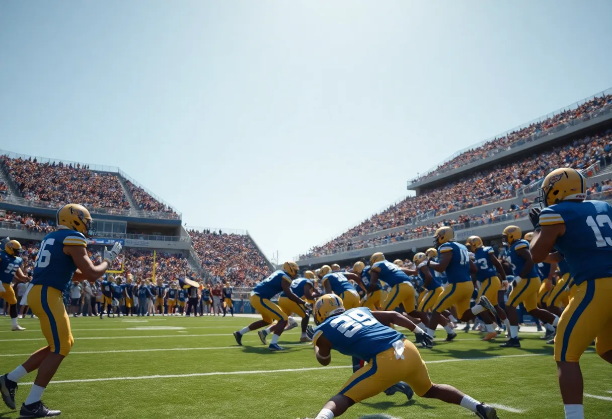 James Madison University football players on the field during a game.