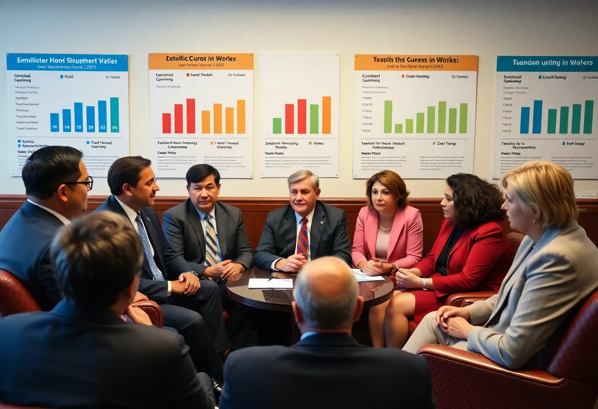 Diverse group of lawmakers discussing support for federal workers during a government shutdown.