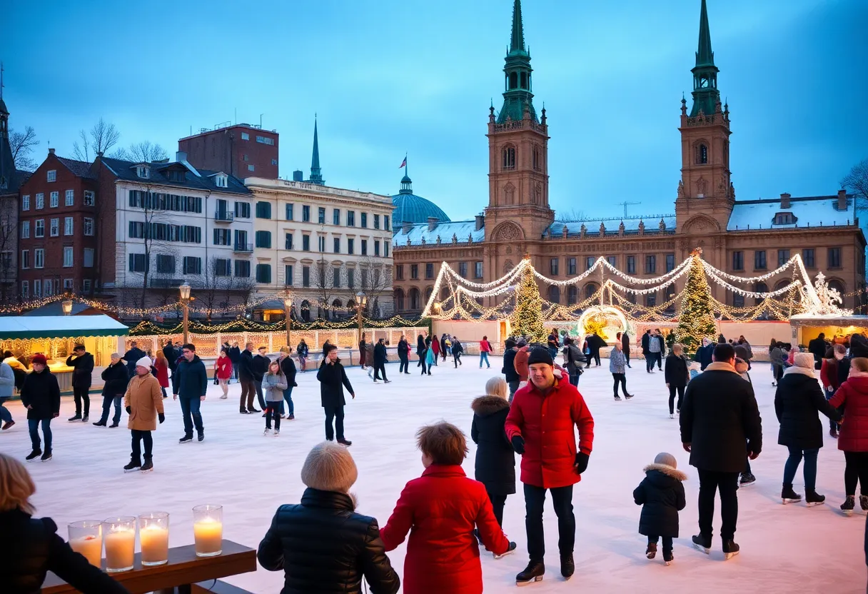 Families enjoying ice skating at the Liberty Ice Pavilion decorated for the holidays