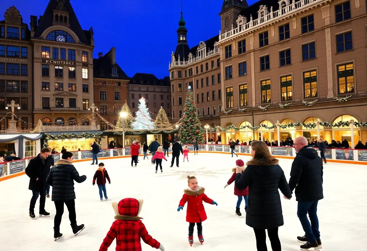 Ice skating scene at Liberty Ice Pavilion decorated for the holidays