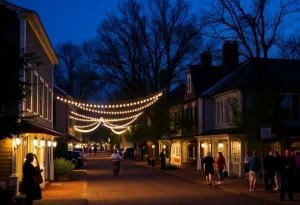 Illuminated Colonial Williamsburg street during the Lighting of the Cressets event