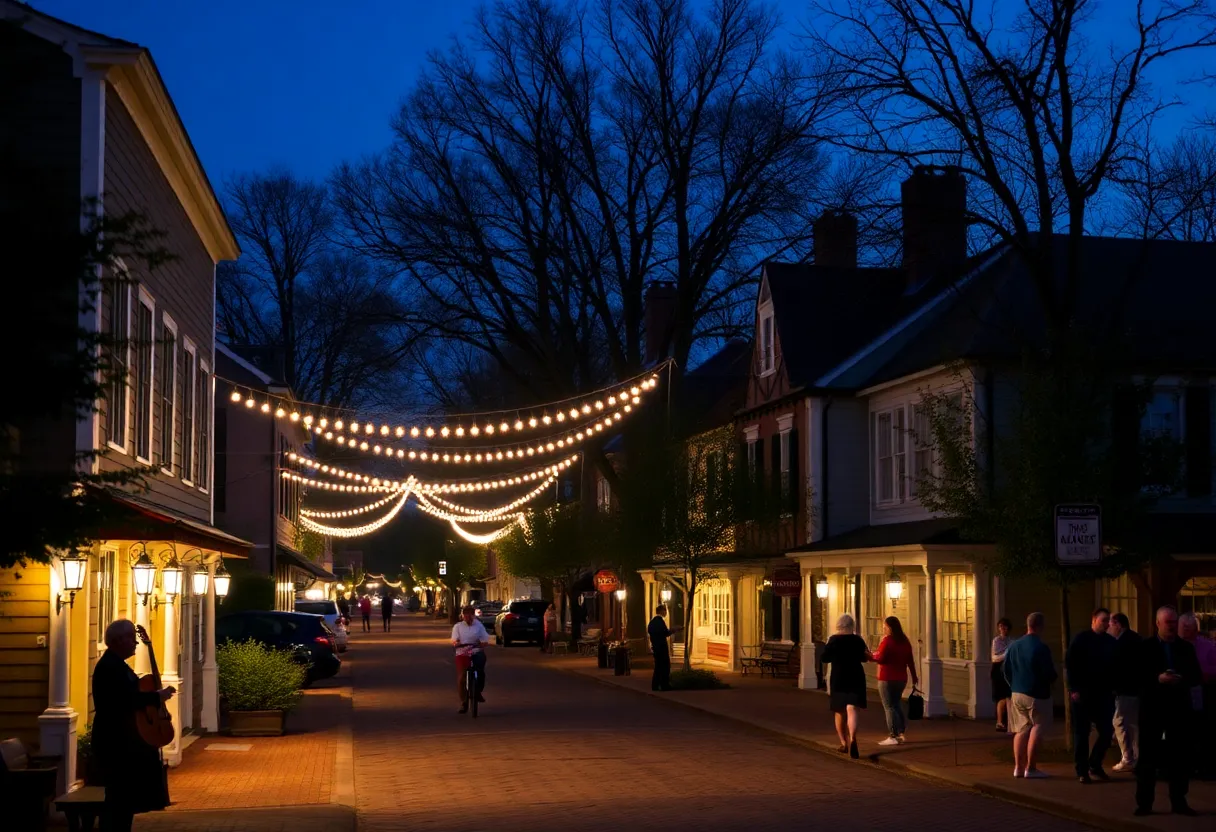 Illuminated Colonial Williamsburg street during the Lighting of the Cressets event